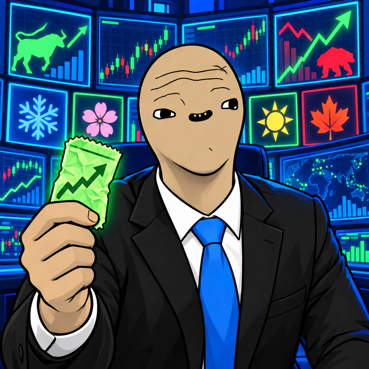 Returd Season character holding a glowing market ticket