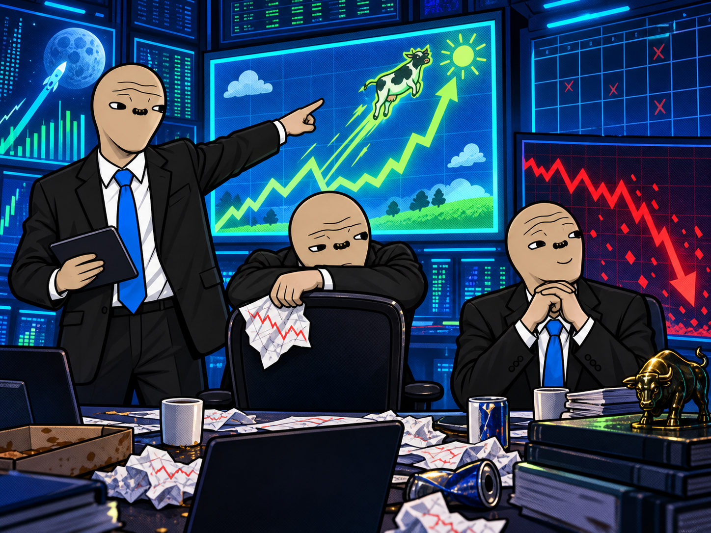 Three Returd Season traders in a chaotic market boardroom